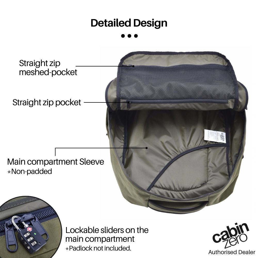CabinZero Military 44L Adventure Cabin Bag open main compartment view with straight zip mesh pocket, sleeve, and lockable sliders for security