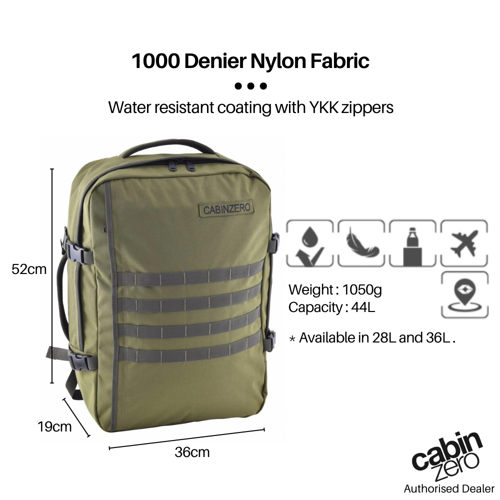 CabinZero Military 44L Adventure Cabin Bag with 1000D nylon fabric, water-resistant YKK zippers, dimensions 52x36x19cm, lightweight 1050g, ideal for travel and gear storage