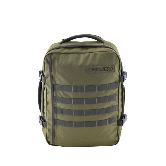 CabinZero Military Backpack 28L in army green, front view showing MOLLE webbing and top handle – durable travel gear for adventure and urban use