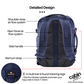 CabinZero Military Backpack 28L detailed design, rear view showing shoulder strap air flow system, rear panel ventilation, side handle, sternum strap, and in-built lost and found tracking tag