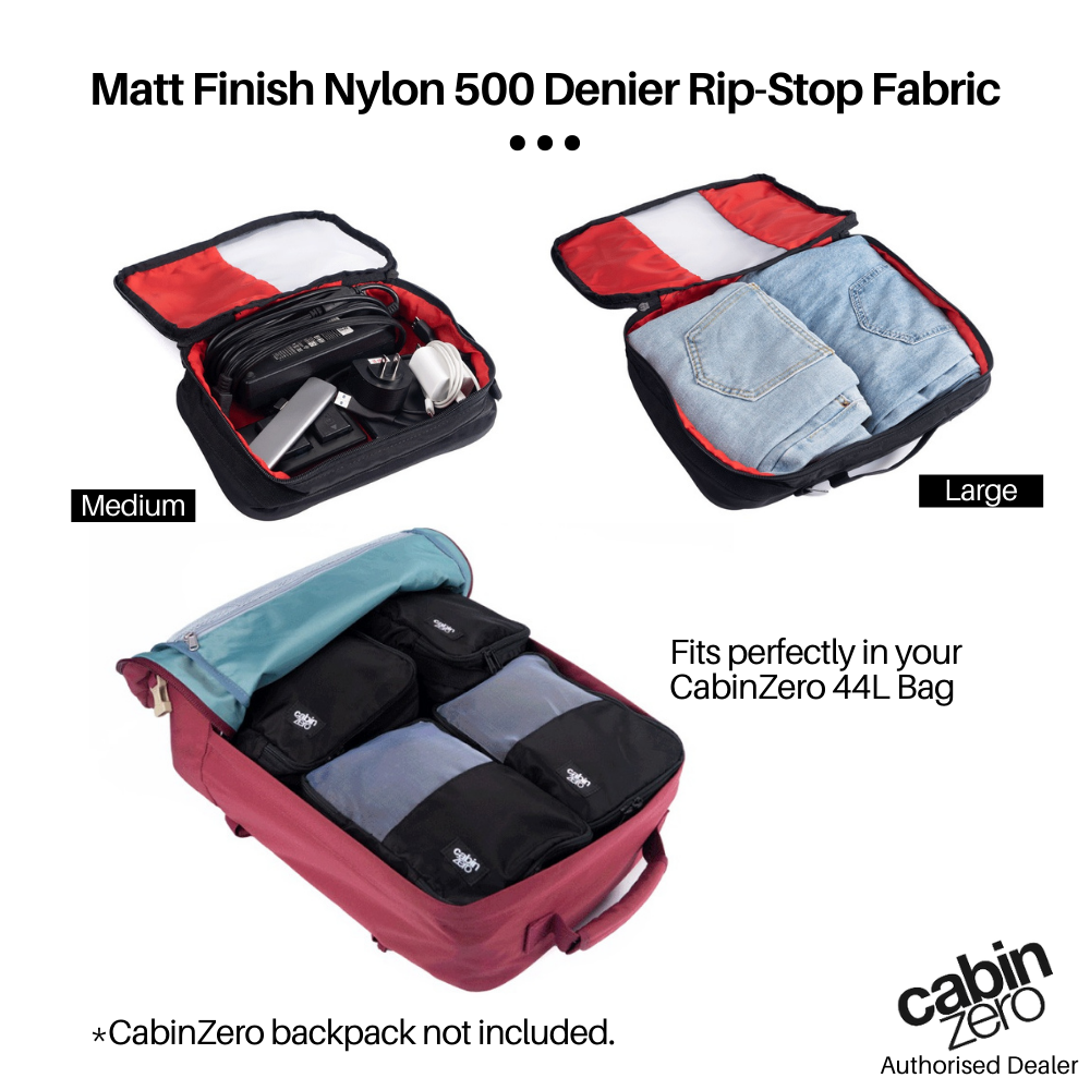 CabinZero Classic Packing Cubes in 500D nylon shown in medium and large sizes, fitting perfectly in CabinZero 44L backpack, ideal for travel organization