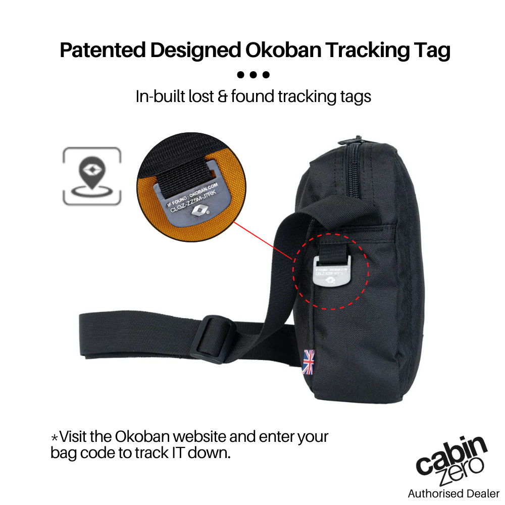 CabinZero Sidekick 3L Sling Bag with patented Okoban tracking tag, in-built lost and found system for secure travel and bag recovery