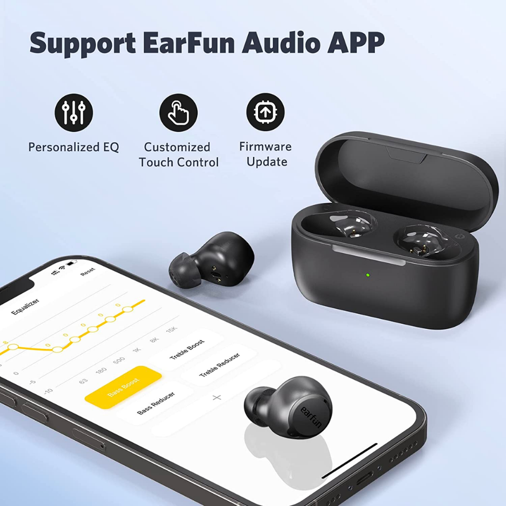 EarFun Free 2S earbuds and charging case next to a smartphone showing the EarFun Audio app EQ settings, supporting personalized sound, touch controls, and firmware updates
