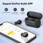 EarFun Free 2S earbuds and charging case next to a smartphone showing the EarFun Audio app EQ settings, supporting personalized sound, touch controls, and firmware updates