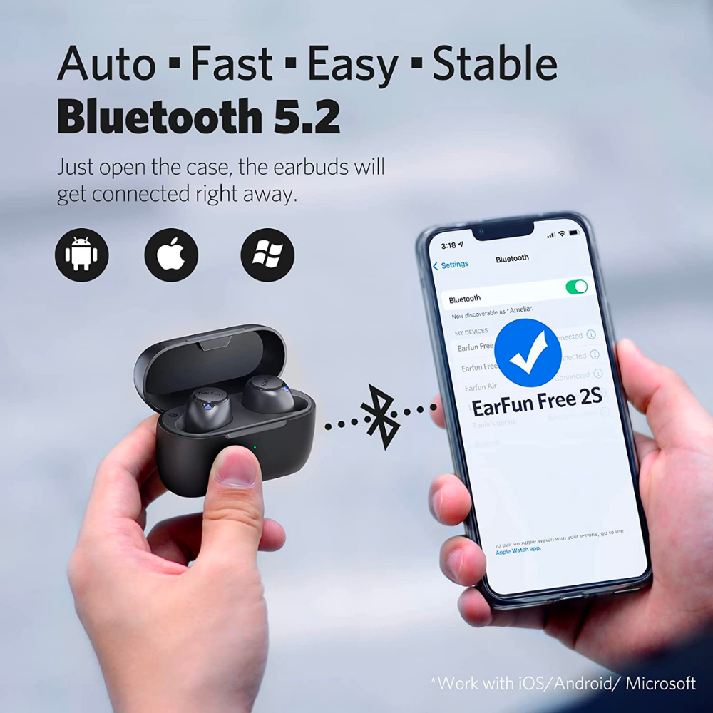 Hands holding EarFun Free 2S earbuds charging case and a smartphone showing Bluetooth 5.2 connection, compatible with iOS, Android, and Microsoft devices