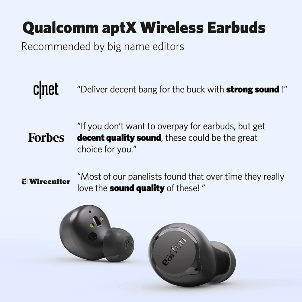 Quotes from CNET, Forbes, and Wirecutter praising the Qualcomm aptX Wireless Earbuds, with close-up image of black EarFun earbuds on a light background