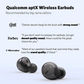 Quotes from CNET, Forbes, and Wirecutter praising the Qualcomm aptX Wireless Earbuds, with close-up image of black EarFun earbuds on a light background