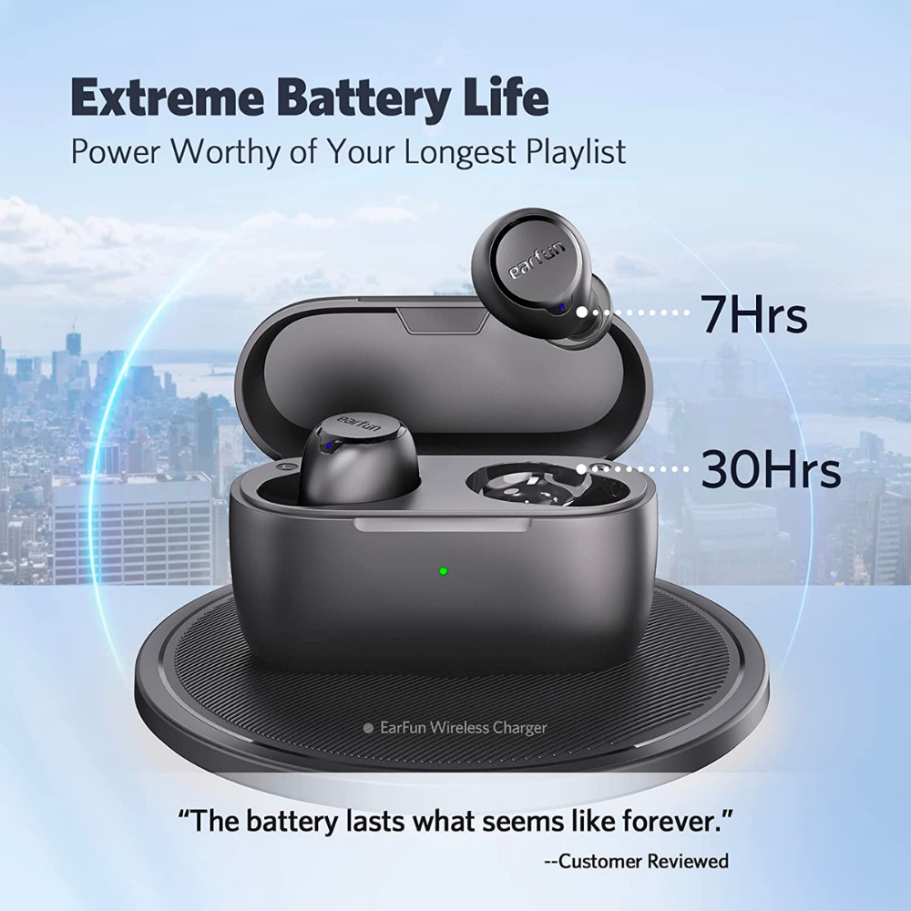 EarFun Free 2S wireless earbuds and charging case on wireless charger, highlighting extreme battery life with 7 hours single use and 30 hours total playtime