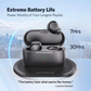 EarFun Free 2S wireless earbuds and charging case on wireless charger, highlighting extreme battery life with 7 hours single use and 30 hours total playtime