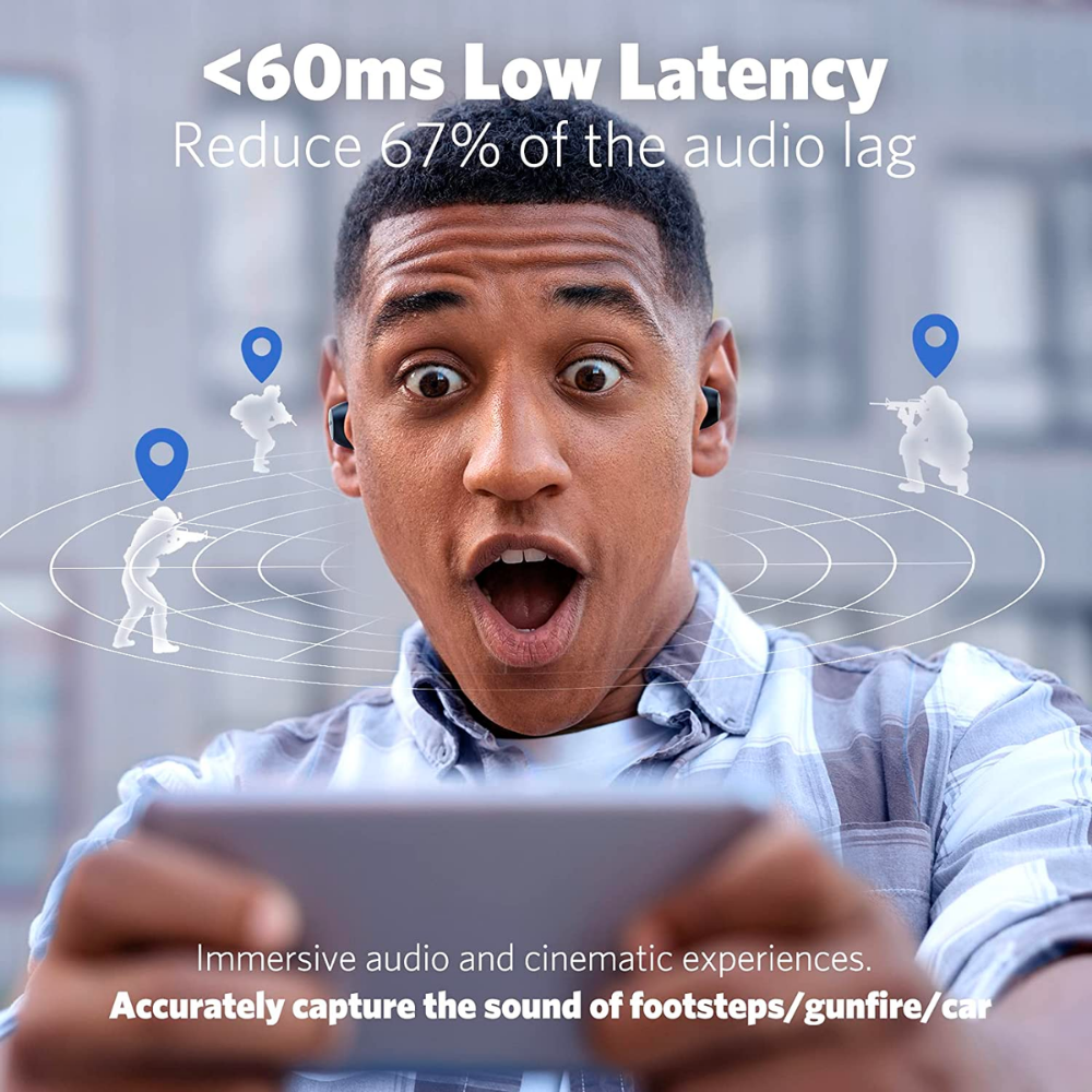 Person using EarFun Free 2S earbuds and holding a mobile device, with graphics and text highlighting low latency under 60ms for gaming audio and immersive experiences