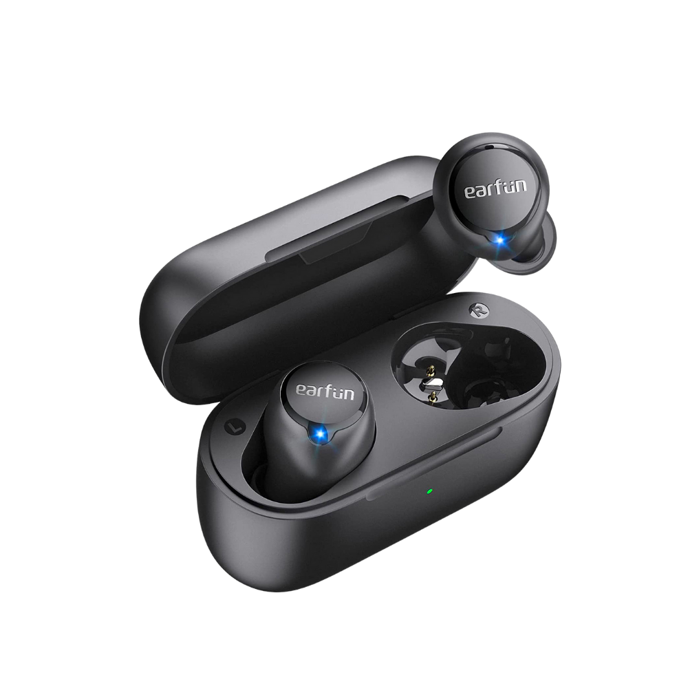 EarFun Free 2S Ultra-comfort Qualcomm aptX Wireless Earbuds in black, shown in open charging case with blue LED indicators
