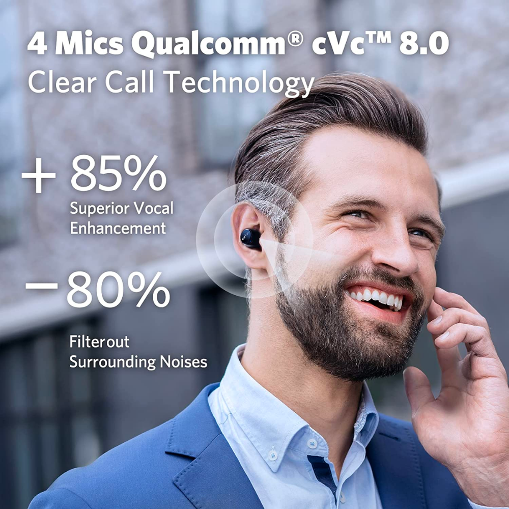 Man wearing EarFun earbuds with graphics highlighting Qualcomm cVc 8.0 clear call technology, vocal enhancement, and noise filtering features