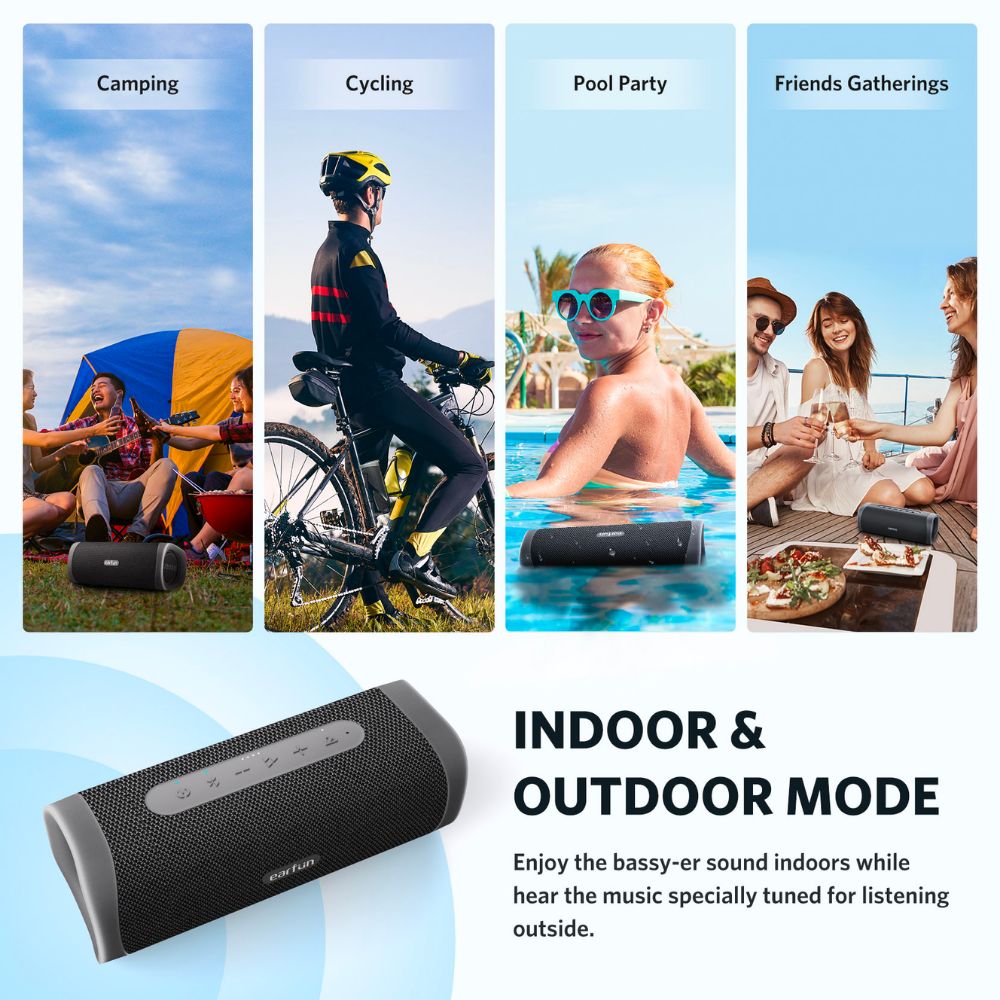 EarFun UBOOM L Bluetooth speaker shown in various scenarios—camping, cycling, pool party, and friends gathering—highlighting indoor and outdoor modes for versatile listening
