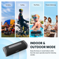 EarFun UBOOM L Bluetooth speaker shown in various scenarios—camping, cycling, pool party, and friends gathering—highlighting indoor and outdoor modes for versatile listening