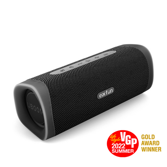 EarFun UBOOM L portable Bluetooth speaker in black with VGP 2022 Summer Gold Award Winner badge, shown on white background