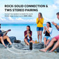 Group of friends enjoying music at the beach with two EarFun UBOOM L speakers paired for TWS stereo sound, showing strong wireless connection and 30m range