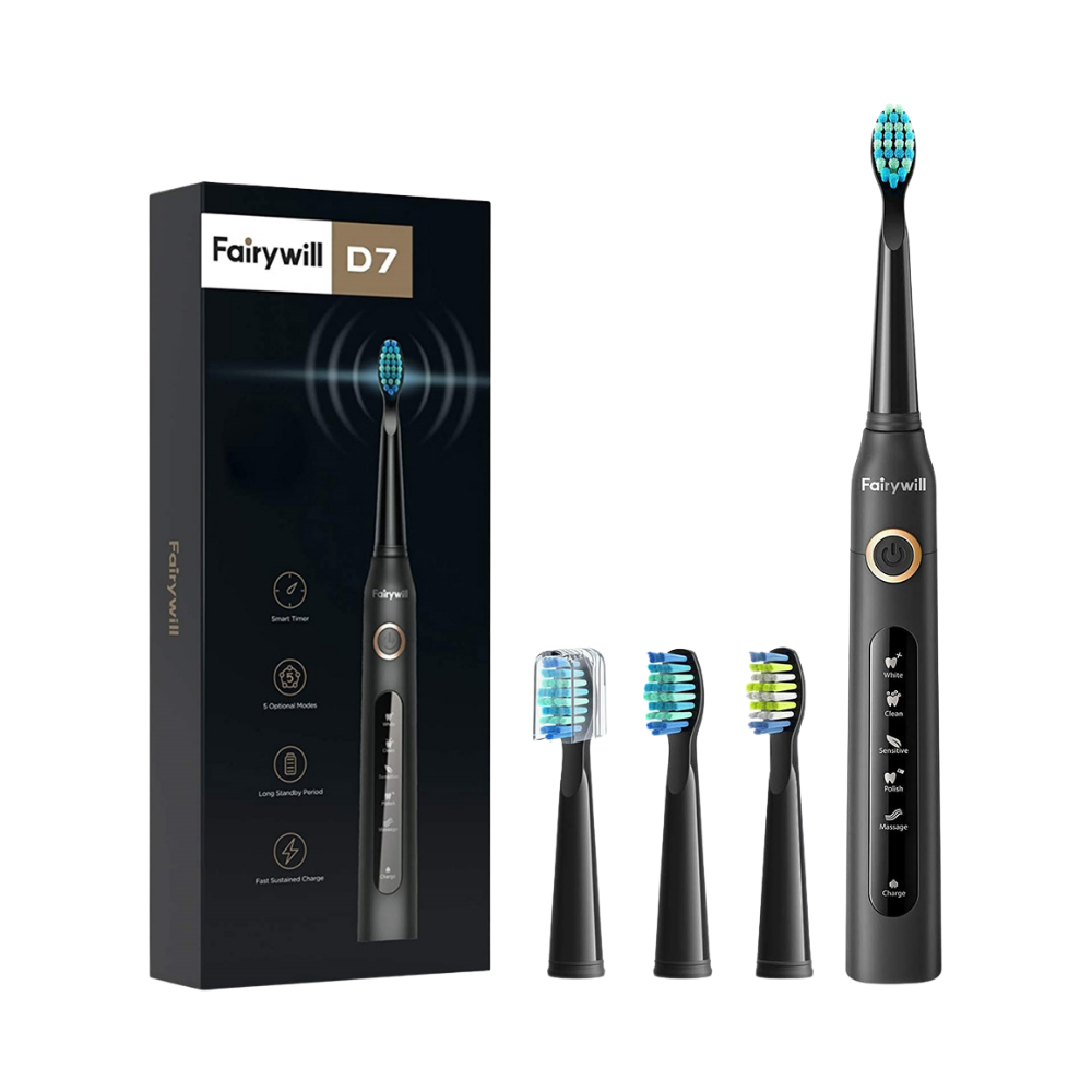 Fairywill D7 black electric toothbrush kit with retail box and three replacement brush heads
