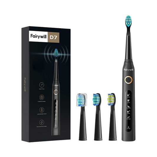 Fairywill D7 black electric toothbrush kit with retail box and three replacement brush heads