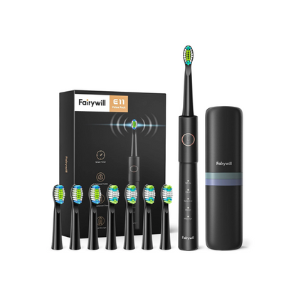 Fairywill E11 electric toothbrush value pack with eight brush heads and travel case for smart, multi-mode cleaning