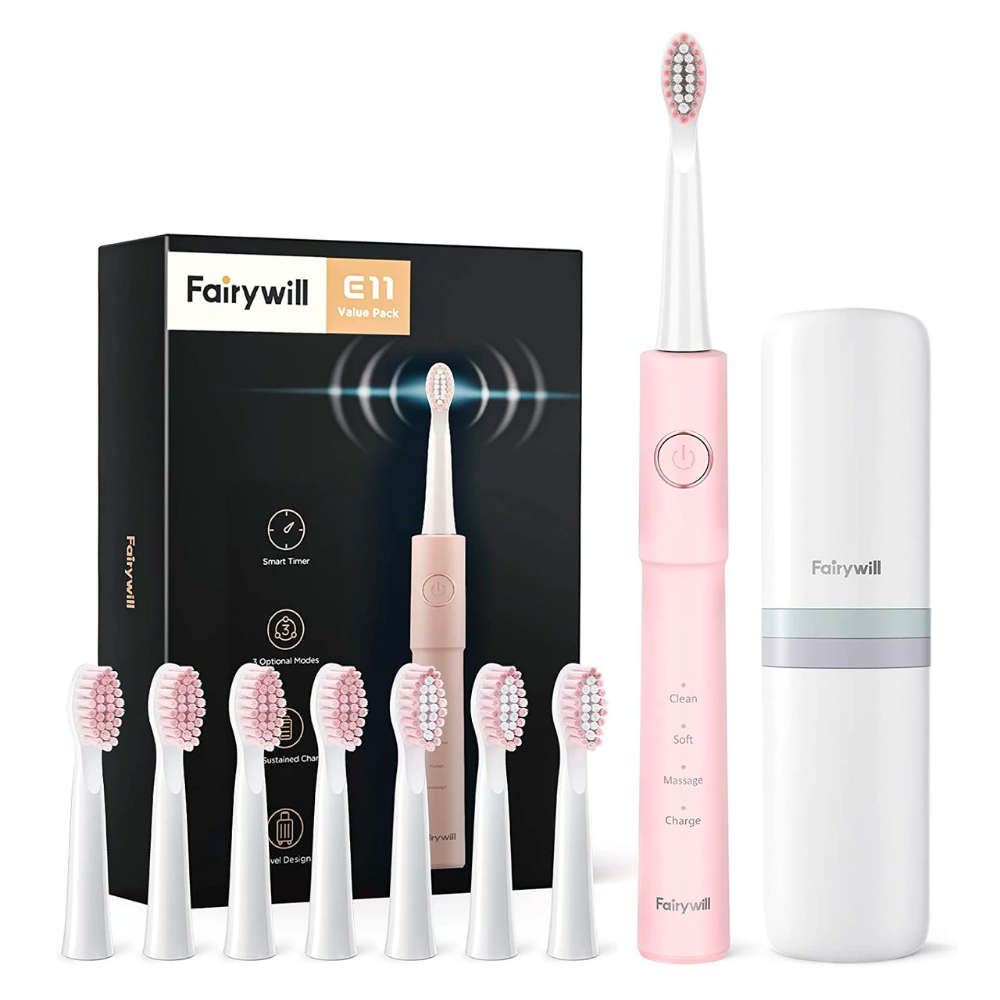 Fairywill E11 pink electric toothbrush value pack with eight replacement brush heads and white travel case