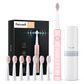 Fairywill E11 pink electric toothbrush value pack with eight replacement brush heads and white travel case