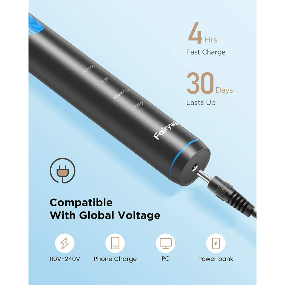 Fairywill E6 black electric toothbrush charging, highlighting 4-hour fast charge, 30-day battery life, and global voltage compatibility