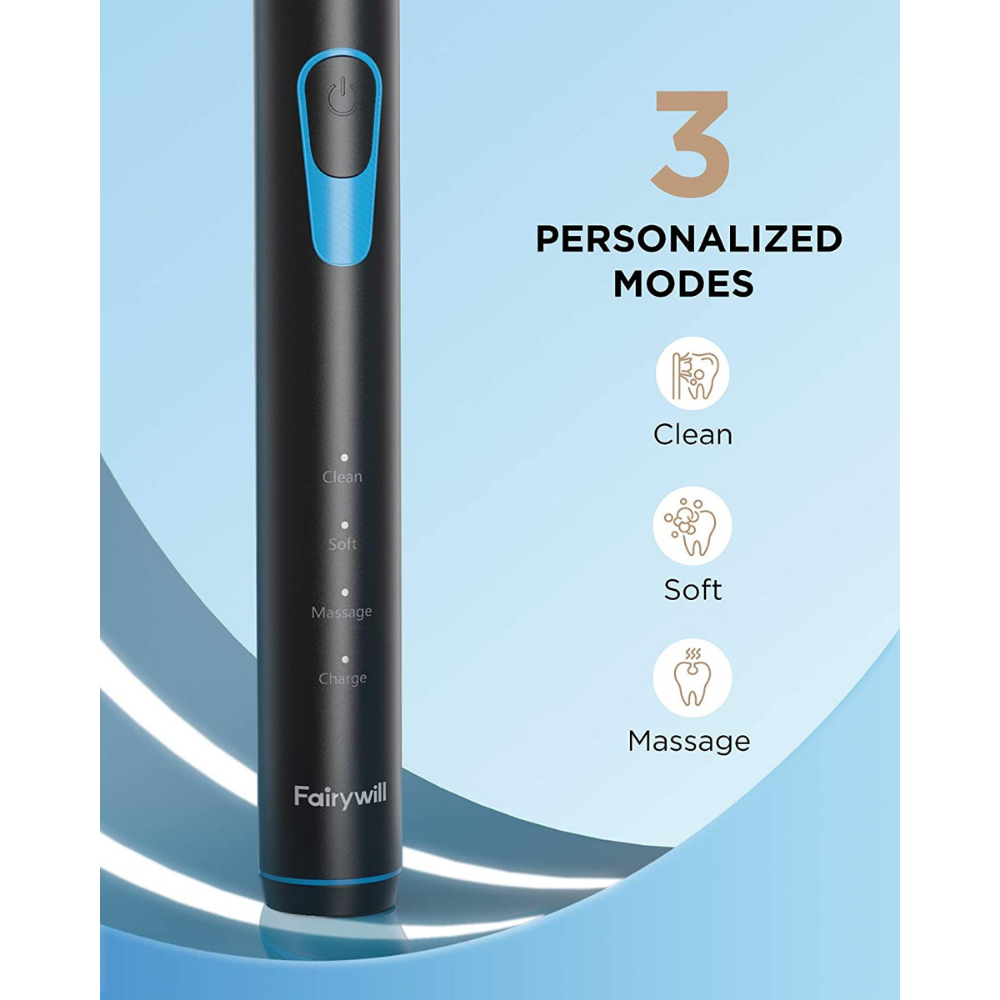 Fairywill E6 black electric toothbrush highlighting three personalized brushing modes: Clean, Soft, and Massage