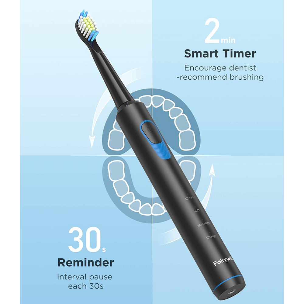 Fairywill E6 black electric toothbrush with built-in 2-minute smart timer and 30-second reminder feature, shown with dental graphic background