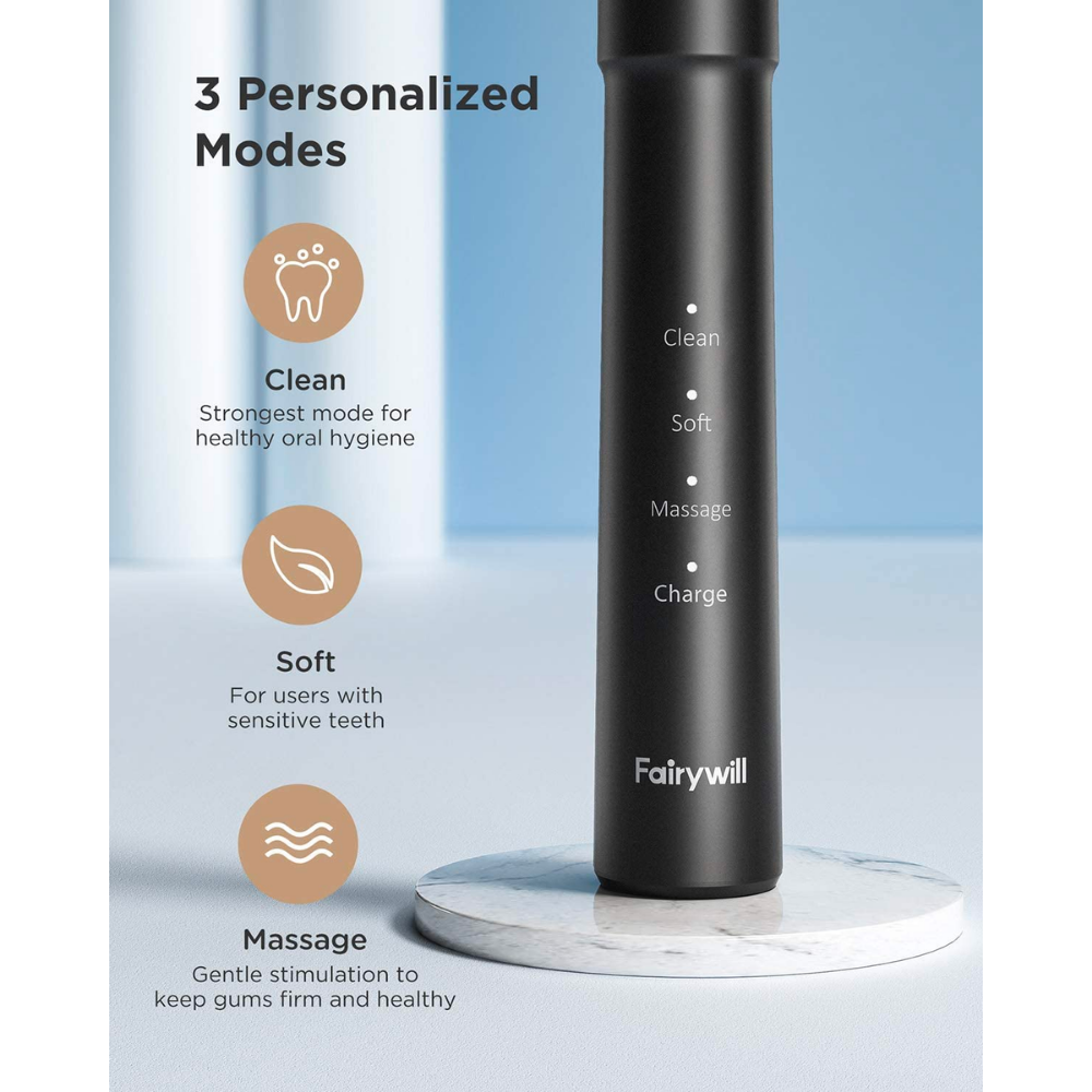 Fairywill electric toothbrush showing 3 personalized cleaning modes: Clean, Soft, and Massage for oral care