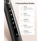 Fairywill electric toothbrush close-up showing 5 personalized cleaning modes with descriptions for white, clean, sensitive, polish, and massage