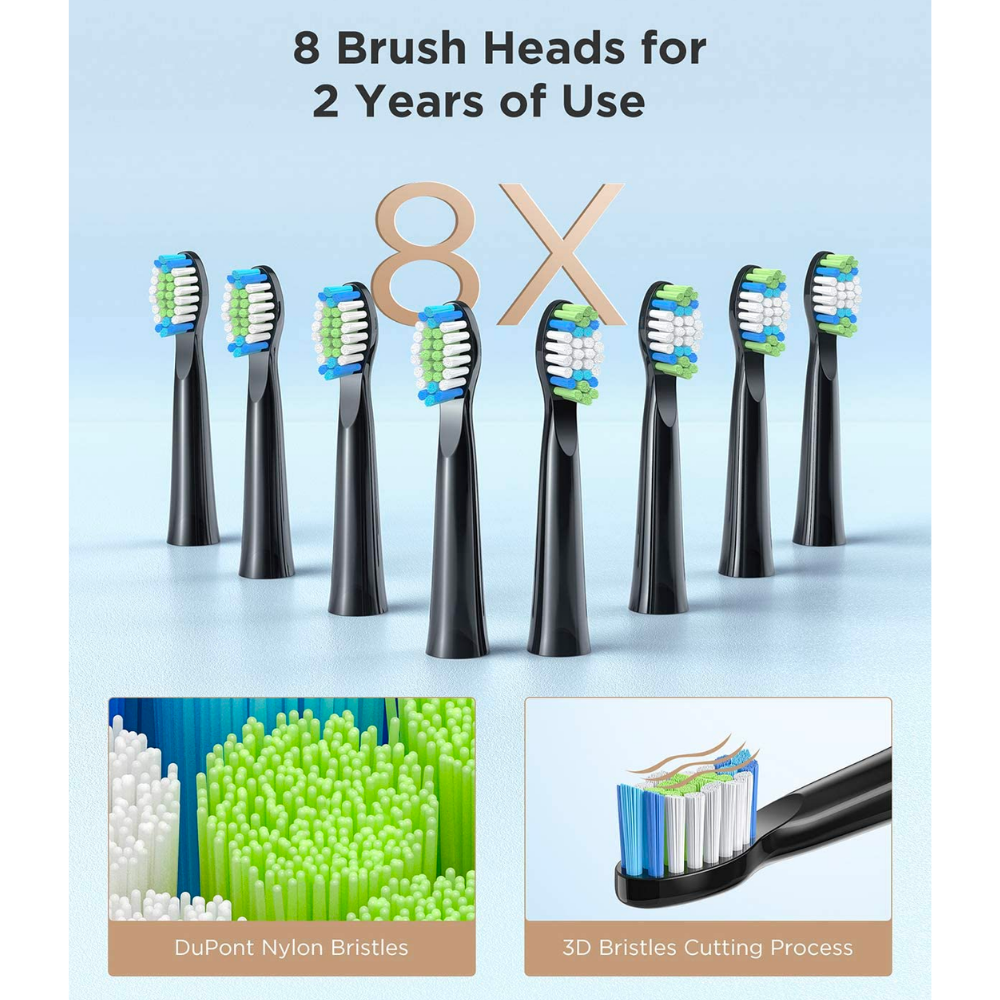 Eight Fairywill electric toothbrush replacement heads with DuPont nylon bristles and 3D cutting for 2 years of use