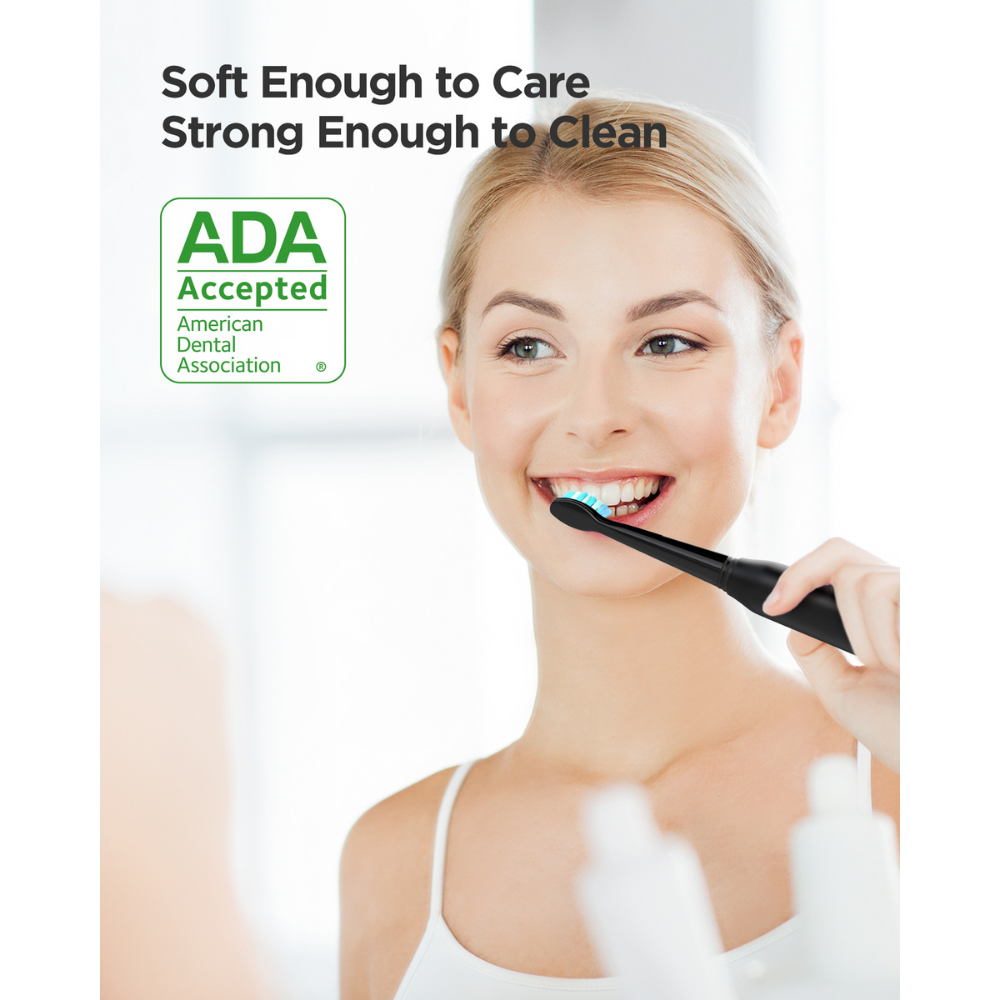 Woman using Fairywill electric toothbrush in bathroom with ADA Accepted logo and text stating soft yet strong cleaning