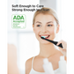 Woman using Fairywill electric toothbrush in bathroom with ADA Accepted logo and text stating soft yet strong cleaning