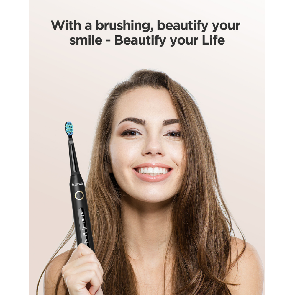 Woman holding Fairywill electric toothbrush with message about brushing for a healthier smile and life