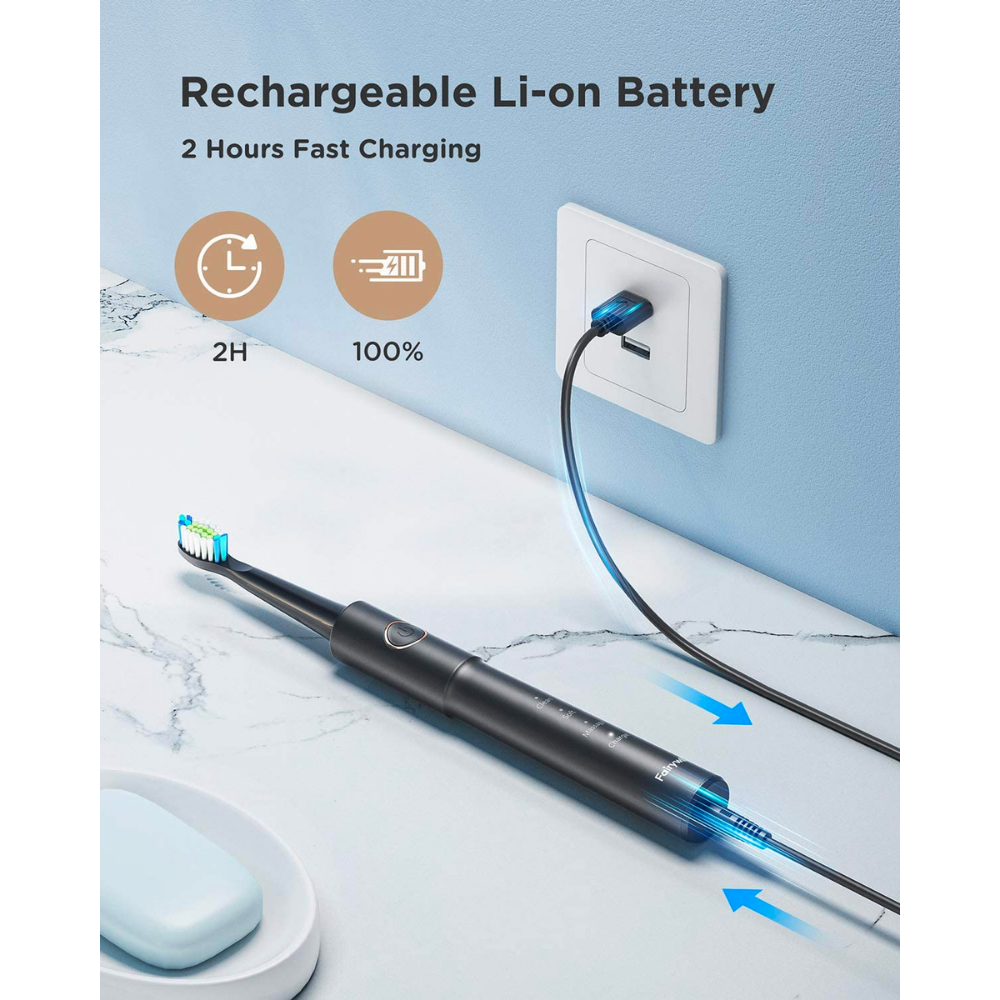 Fairywill electric toothbrush with rechargeable Li-ion battery showing 2-hour fast USB charging for full power