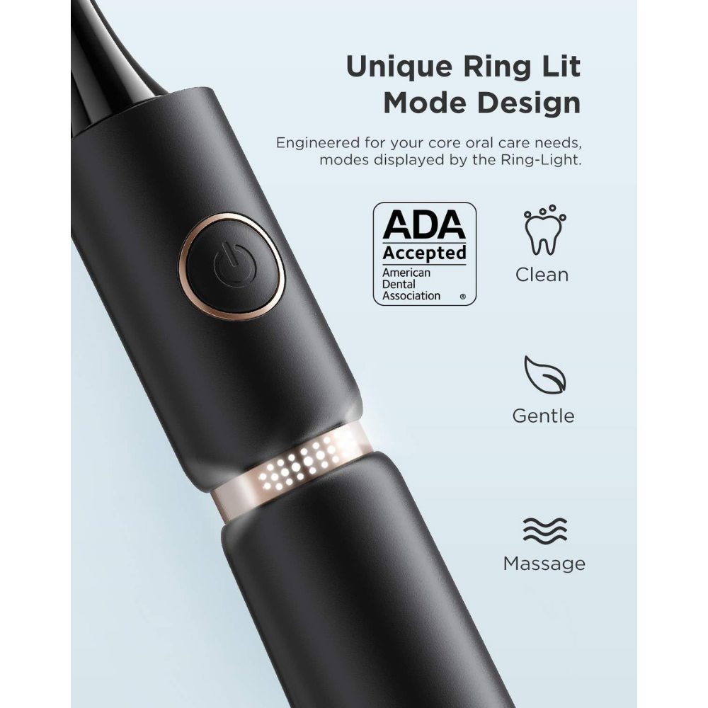 Fairywill P11 black toothbrush showing ADA acceptance, ring lit mode design, and cleaning options: clean, gentle, massage