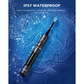 Fairywill P11 black sonic toothbrush showing IPX7 waterproof rating and anti-skid handle in water