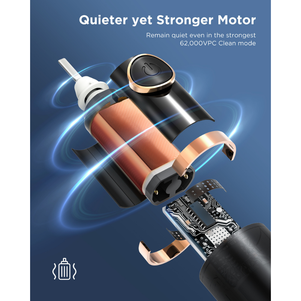 Fairywill P11 black toothbrush motor design highlighting quiet 62,000VPC performance and advanced technology