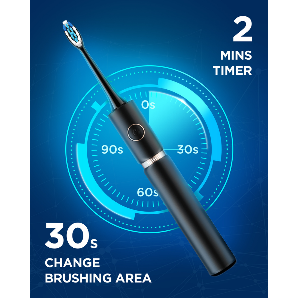Fairywill P11 black sonic toothbrush highlighting 2-minute timer and 30-second brushing area reminder