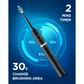 Fairywill P11 black sonic toothbrush highlighting 2-minute timer and 30-second brushing area reminder