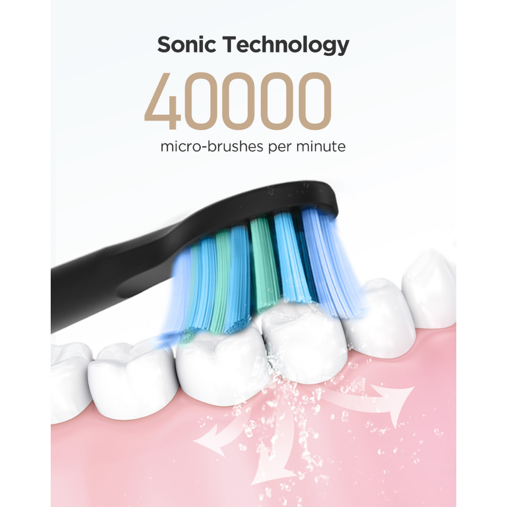 Close-up of Fairywill toothbrush bristles cleaning teeth with sonic technology, showing 40,000 micro-brushes per minute