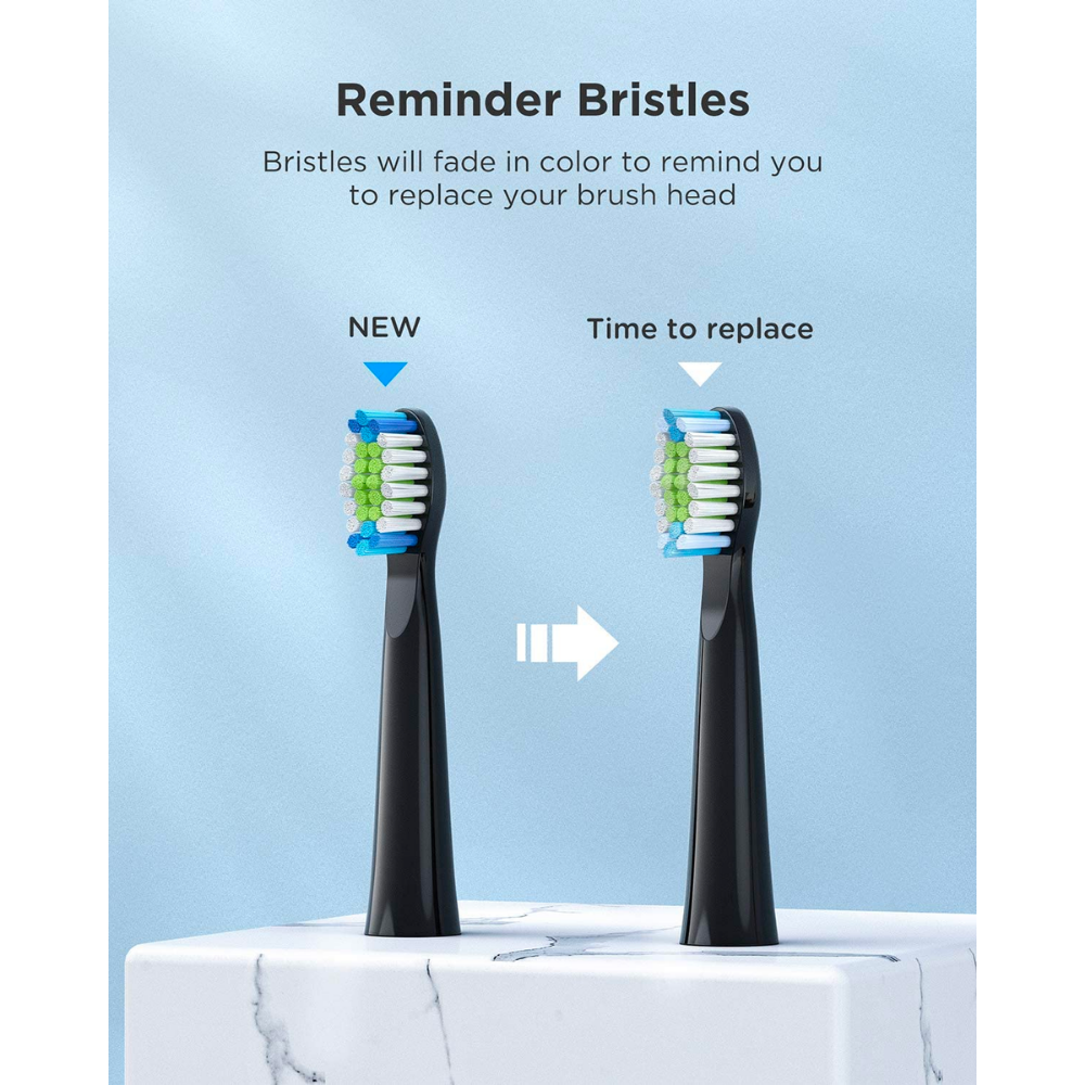 Fairywill toothbrush heads with reminder bristles that fade in color to signal brush head replacement time