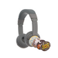 Gray over-ear kids’ headphones with a cushioned headband, shown with four interchangeable, science-themed decorative discs featuring planets, gears, a rocket, and an atom