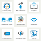 Grid of illustrated icons showing kids’ headphone features: SafeAudio with 3 listening settings, built-in microphone, StudyMode, BuddyLink for sharing, decorative stickers, 20m wireless range, 20-hour battery life, works without power, and travel bag included.