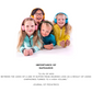 Four children lying side by side on the floor, each wearing brightly colored over-ear headphones in pink, yellow, green, and blue, dressed in pastel and primary color clothing. Below them, text highlights the importance of SafeAudio and a statistic about hearing loss from high-volume earphone use