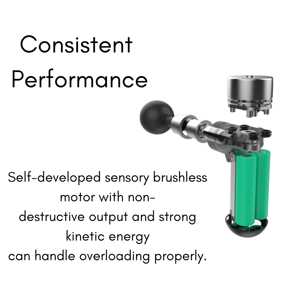 Internal view of the Beoka Q1 Super Mini Percussion Massage Gun showing self-developed sensory brushless motor and internal components, designed for consistent performance with non-destructive output, strong kinetic energy, and reliable overload handling.