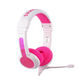 White and pink over-ear kids’ headphones with a geometric pattern on the earcups, pink cushioned ear pads, and a detachable boom microphone, shown on a white background
