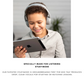 Child wearing silver over-ear headphones and a light gray shirt, holding an iPad while studying in a bright indoor setting with a plant in the background; text below highlights StudyMode for clear vocals during lessons
