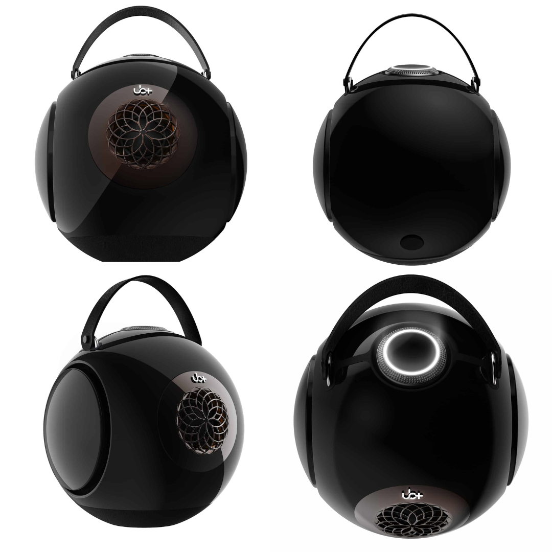 UB+ DB1 Doublebass portable speakers in glossy black finish, shown from multiple angles with black carrying handles and modern spherical design.