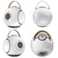 UB+ DB1 Doublebass portable speakers in glossy white finish, shown from multiple angles with tan carrying handles and a modern spherical design.